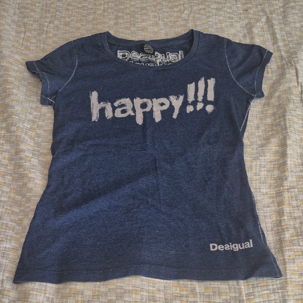 DESIGUAL happy T-shirt M Slim Fit Graphic Text Tee Top Stitch Heather Blue Top